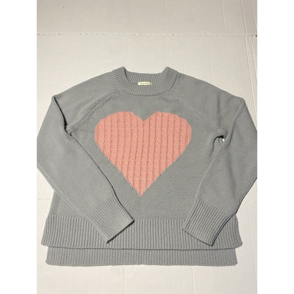 Kate & Sam Women's  S Gray Pink Cable Knit Heart Crew Neck Long Sleeve Sweater